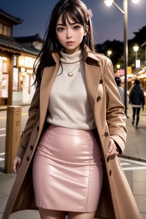 8k, best quality, real picture, intricate details, ultra-detailed, ultra highres, depth field,(photorealistic,realistic:1.2),masterpiece, <lora:add_detail:0.5>,
0.4 :: (full-body shot:1.1) , straight-on shot , from below ,
1girl, mai, <lora:sakurajima_mai:0.85>, an extremely beautiful 18-year-old girl, (black hair:1.2), long hair, blue eyes, (pink rabbit bunny hair clip:1.2), pink rabbit bunny hair ornament, perfect shiny skin, flawless skin, fair skin, medium breasts, light blush, solo, looking at viewer,
timid ,
nsfw, exposed, seduction, exhibitionist, sweat,
wearing (longcoat, long brown winter coat, muffler, pencil skirt :1.4),
(0.05 :: bent over :1.1),
at night, night illumination ,
enoshima ,