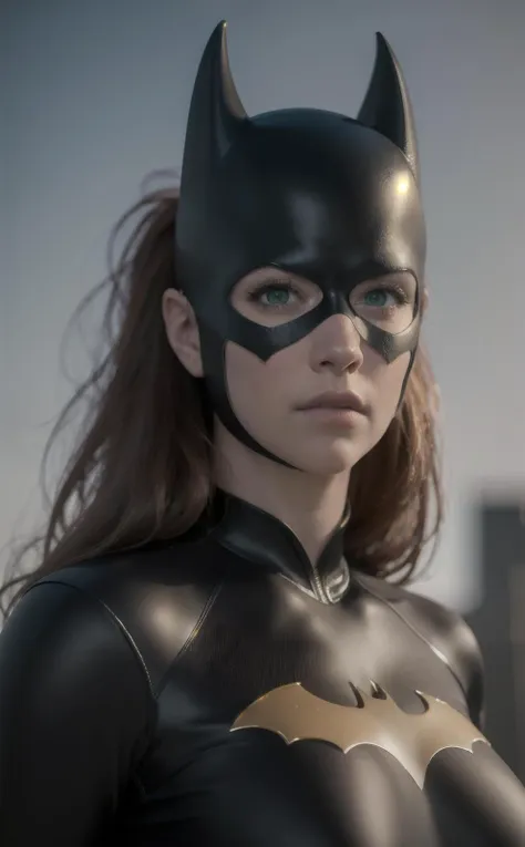 8k, best quality, real picture, intricate details, ultra-detailed, ultra highres, depth field,(photorealistic,realistic:1.2),masterpiece,Full body, photo of  batgirl, green eyes, mask, Black cloak, huge breasts, orange hair, lips, long hair, ponytail, bodysuit, solo, moon, night, dark, 
best quality, realistic, photorealistic, (intricate details:1.2), (delicate detailed), (cinematic light), clear line, sharp focus, realistic face, detailed face, unity 8k wallpaper, ultra high res, (photorealistic:1.4), looking at viewer <lora:Batgirl:1>