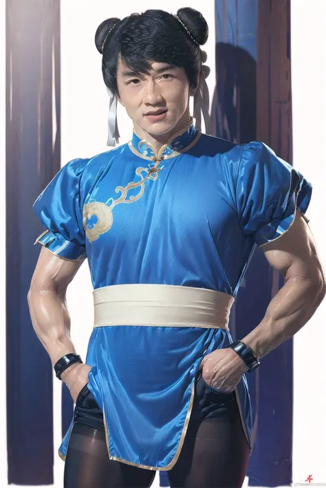 1man, mature male, looking at viewer, upper body, kicking, fighting stance
sf6 chun,chunli,((Knockout blue clothes, black pantyhose, puffy short sleeves, bun cover, sash,blunt bangs,chinese clothing, Cheongsam)),
photo, real life, realistic
 <lora:llfJackie Chan:1.25>  <lora:Chun-Li_v2.0:0.8>