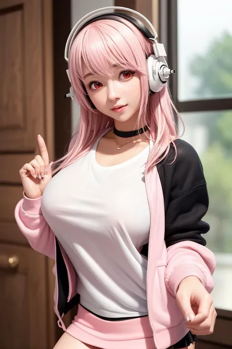 8k, best quality, real picture, intricate details, ultra-detailed, ultra highres, depth field,(photorealistic,realistic:1.2),masterpiece, <lora:add_detail:0.3>,
0.25 :: close-up , straight-on shot , from miiddle ,
1girl, super sonico, <lora:super_sonico:0.7>, an extremely beautiful 18-year-old girl, pink hair, innocent big eyes, (red eyes:1.3), headphones on ears, perfect shiny skin, flawless skin, fair skin, (large Breasts:1.35), light blush, solo, looking at viewer, light smile, (happy:1.3),
chubby nipples under the clothes, (sweat:0.5),
singing ,
(pink varsity jacket, white t-shirt, black mini skirt :1.3),
daytime ,
(home :1.3),