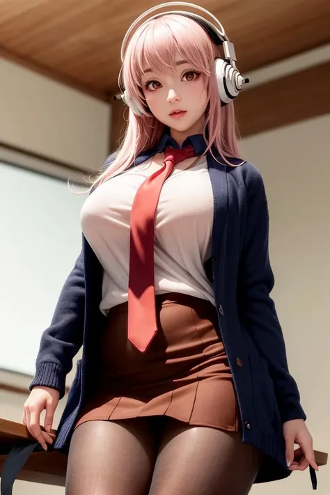 8k, best quality, real picture, intricate details, ultra-detailed, ultra highres, depth field,(photorealistic,realistic:1.2),masterpiece, <lora:add_detail:0.3>,
0.25 :: close-up , straight-on shot , from miiddle ,
1girl, super sonico, <lora:super_sonico:0.7>, an extremely beautiful 18-year-old girl, pink hair, innocent big eyes, (red eyes:1.3), headphones on ears, perfect shiny skin, flawless skin, fair skin, (large Breasts:1.35), light blush, solo, looking at viewer, light smile, (happy:1.3),
chubby nipples under the clothes, (sweat:0.5),
sexy pose ,
(Brown blazer, brown sweater, white shirt, red necktie, navy blue skirt, black pantyhose :1.3),
sunset ,
(classroom :1.3),