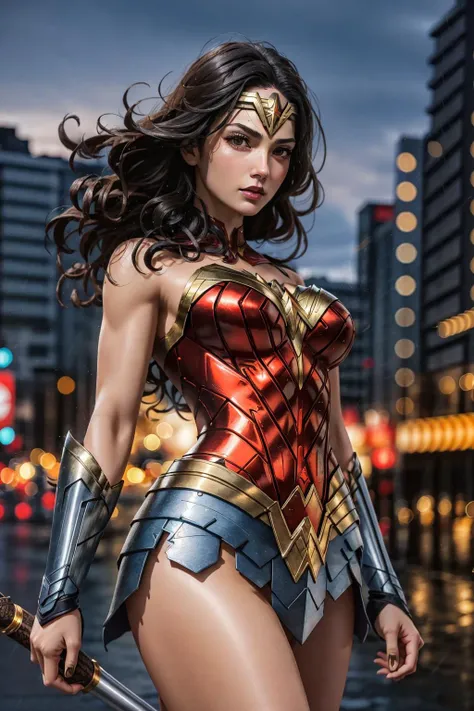 best quality, 1girl, solo, wonder woman, breasts, looking at viewer, cowboy shot, black hair, brown eyes, cityscape, blurry background, dynamic pose, night,hold a shield,
<lora:enako-v2:0.2> <lora:ww_v1:0.7> <lora:LowRA:0.5>