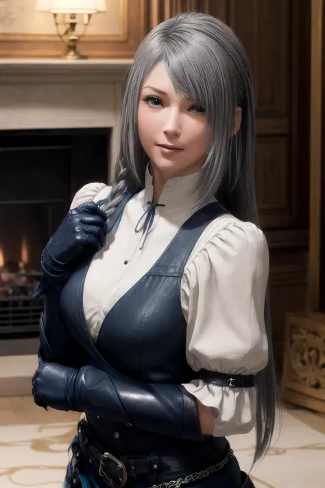 1girl, solo, (8k, best quality, masterpiece,  forward lighting:1.1), cowboy shot,  (looking at viewer:1.2),
a photo of a cute lady, dynamic pose,white carpet,  at luxury living room,  fireplace, indoors,
BREAK
<lora:flat2:-0.8>
 <lora:jill_V1_02-000009:0.6>jill_warrick, gray blue hair, (long straight hair:1.2), (side braid:0.9), (jill_outfit:1.1),gauntlet, (joyful,nose blush:1.1),