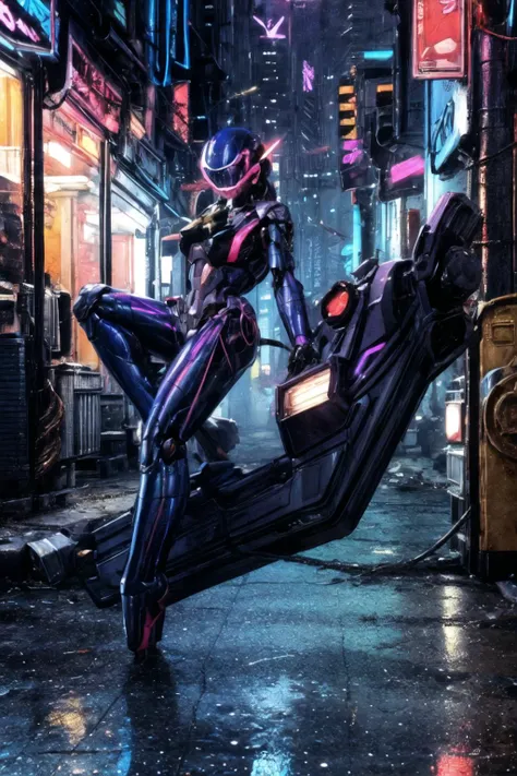 realistic, best quality, masterpiece, <lora:BubblegumHardSuit_v1:0.6>hard_suit, <lora:Blade Runner v.2.2:0.7> Streets with towering skyscrapers,Neon lights, holographic projections, steampunk elements, concept art by Syd Mead, Cyberpunk, Digital painting, Futuristic cityscape, Vibrant, neon colors, Holographic projections, intricate details, High-definition, detailed,<lora:more_details:1>,<lora:tangbohu-detailmaker_v2.5:1>,