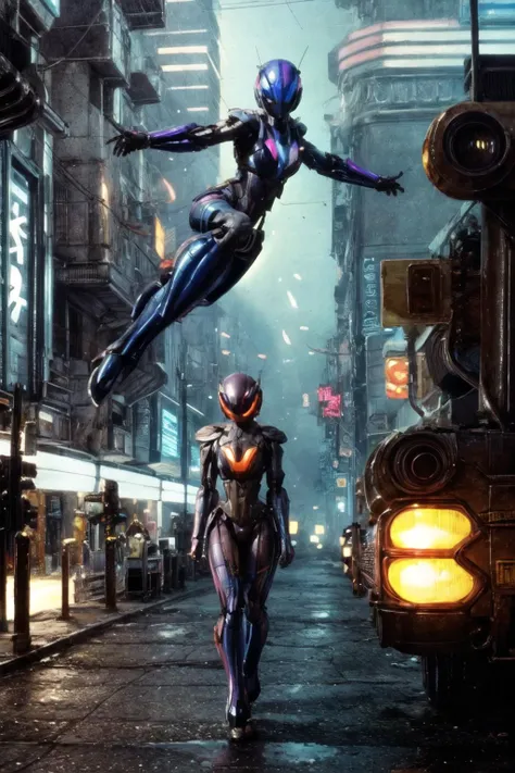 realistic, best quality, masterpiece, <lora:BubblegumHardSuit_v1:0.6>hard_suit, <lora:Blade Runner v.2.2:0.7> Streets with towering skyscrapers,Neon lights, holographic projections, steampunk elements, concept art by Syd Mead, Cyberpunk, Digital painting, Futuristic cityscape, Vibrant, neon colors, Holographic projections, intricate details, High-definition, detailed,<lora:more_details:1>,<lora:tangbohu-detailmaker_v2.5:0.5>,