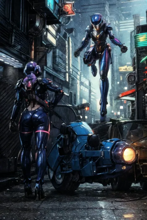 realistic, best quality, masterpiece, <lora:BubblegumHardSuit_v1:0.6>hard_suit, <lora:Blade Runner v.2.2:0.7> Streets with towering skyscrapers,Neon lights, holographic projections, steampunk elements, concept art by Syd Mead, Cyberpunk, Digital painting, Futuristic cityscape, Vibrant, neon colors, Holographic projections, intricate details, High-definition, detailed,<lora:more_details:1>,<lora:tangbohu-detailmaker_v2.5:1>,
