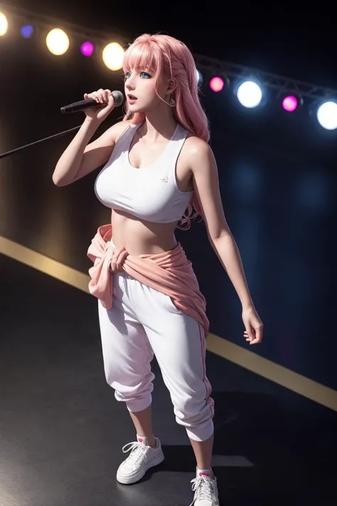 8k, best quality, real picture, intricate details, ultra-detailed, ultra highres, depth field,(photorealistic,realistic:1.2),masterpiece, <lora:add_detail:0.5>,
0.35 :: medium shot , angled shot from the side , from above ,
1girl, Sheryl Nome, <lora:Kizuki - Macross Frontier - Sheryl Nome:0.95>, an extremely beautiful 18-year-old girl, pink hair, blue eyes, perfect shiny skin, flawless skin, fair skin, big breasts, long hair, light smile, light blush, solo, looking at viewer,
chubby nipples under the clothes, sweat,
sci-fi,
(0.8 :: Standing with one hand on the waist :1.3),
Tie-dye joggers, crop top, platform sneakers ,
singing on the concert stage ,
at night, night illumination ,