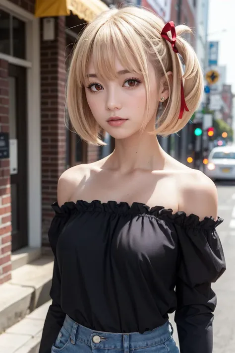 by Miki Asai,
nishikigi chisato, short hair, bangs, blonde hair, (red eyes:1.5), hair ribbon, one side up, bob cut, BREAK shirt, bare shoulders, twintails, collarbone, hair ribbon, white shirt, frills, off shoulder, red ribbon, short twintails, off-shoulder shirt, frilled shirt, BREAK outdoors, city, BREAK looking at viewer,
<lora:chisatonishikigitest:1>,
