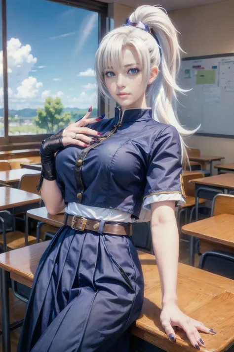 <lora:Tel'annas_Jujutsu_Kaisen_Outfit_AoV_Model_LoRA:0.8>, Tel'annas_JJK, 1girl, solo, long hair, very long hair, white hair, ponytail, high ponytail, bangs, hair bow, looking at viewer, blue eyes, lips, parted lips, closed mouth, breasts, large breasts, japanese clothes, hakama, cropped jacket, white shirt, short sleeves, gloves, fingerless gloves, single glove, nail polish, red nails, belt, sheath, skirt, hakama skirt, boots, black footwear
, sky, day, cloud, indoors, tree, window, chair, sunlight, scenery, desk, classroom, school desk, chalkboard, school
, ((upper body)), best quality, ultra high res, (photorealistic:1.4), masterpiece, real life skin, hyper real
