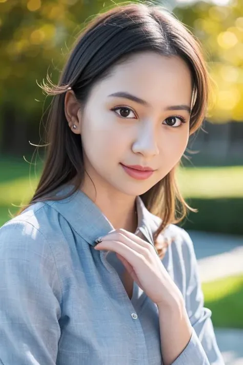 1girl,(wearing  a blouse:1.2),(RAW photo, best quality), (realistic, photo-realistic:1.4), masterpiece, an extremely delicate and beautiful, extremely detailed, 2k wallpaper, Amazing, finely detail, extremely detailed CG unity 8k wallpaper, ultra-detailed, highres, soft light, beautiful detailed girl, extremely detailed eyes and face, beautiful detailed nose, beautiful detailed eyes,cinematic lighting,autumn scenery,maple trees in the background,bokeh,perfect anatomy,slender body,  <lora:kawakitamayuko_lora:0.8>