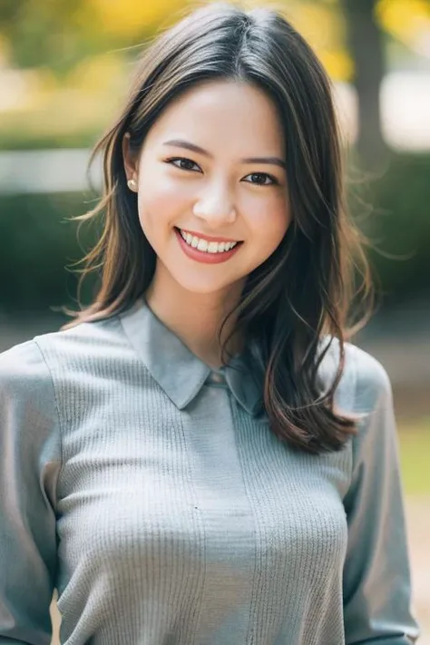 1girl,(wearing a blouse:1.2),(RAW photo, best quality), (realistic, photo-realistic:1.4), masterpiece, an extremely delicate and beautiful, extremely detailed, 2k wallpaper, Amazing, finely detail, extremely detailed CG unity 8k wallpaper, ultra-detailed, highres, soft light, beautiful detailed girl, extremely detailed eyes and face, beautiful detailed nose, beautiful detailed eyes,cinematic lighting,autumn scenery,maple trees in the background,bokeh,perfect anatomy,slender body, <lora:kawakitamayuko_lora:0.8>,smiling