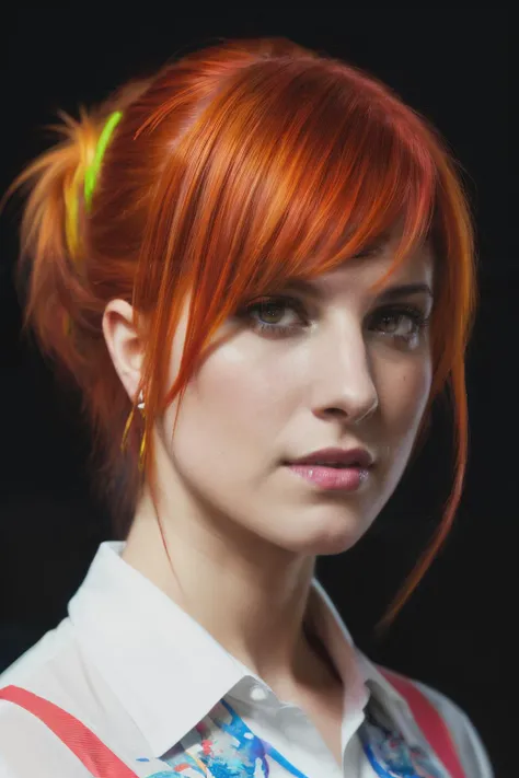 portrait photo of hwm ,(neon color shirt), (red hair), hair in a ponytail, alluring portrait, intricate, highly detailed, digital painting, artstation, concept art, naughty, sharp focus, cinematic lighting, illustration, art by artgerm and greg rutkowski, alphonse mucha, cgsociety,<lyco:HayleyWilliams-RealVision-V1.0:1.0>