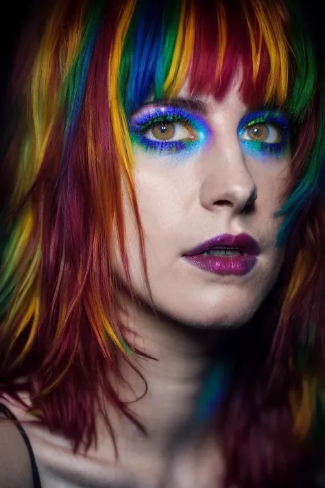 Hyperrealistic art portrait photo of hwm, 1 woman, short red hair, shoulder length, straight wavy hair, artistic expressionism, surreal portrait, insane detail, highly detailed, (rainbow colored eye makeup, volumetric fog, maroon tones:1.2),<lyco:HayleyWilliams-RealVision-V1.0:1.5> . Extremely high-resolution details, photographic, realism pushed to extreme, fine texture, incredibly lifelike