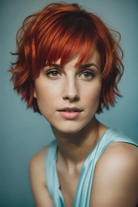 photoshoot of hwm , (red hair), (pixie cut), , detailed skin texture, (blush:0.2), (goosebumps:0.3), (light blue dress), subsurface scattering, Photorealistic, Hyperrealistic, Hyperdetailed, analog style, hip cocked, demure, detailed skin, matte skin, soft lighting, subsurface scattering, realistic, heavy shadow, masterpiece, best quality, ultra realistic, 8k, golden ratio, Intricate, High Detail, film photography, soft focus<lyco:HayleyWilliams-RealVision-V1.0:1.0>