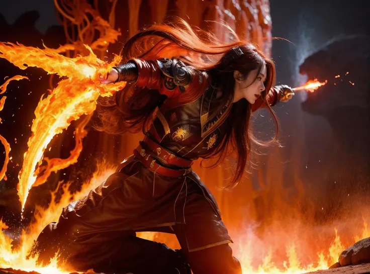 masterpiece, best quality
  solo, half shot, detailed background, detailed face, (<lora:GlyphTech:0.5>,  scifi,   glyphtech theme:1.1) (glowing fiery eyes:1.05),  (mouth open:0.65), primal fiery  fighter, [heavy armor:molten rock:2], engulfed in flames, ruby gemstone, flowing lava,  steam, dynamic pose,    firestorm in background, <lora:Fire_VFX:0.3>,  epic fiery atmosphere,