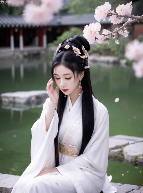 masterpiece, best quality
1girl, black hair, breasts, chinese clothes, closed mouth, dress, earrings, falling petals, flower, hair bun, hair ornament, hand on own face, hand up, jewelry, long hair, long sleeves, petals, single hair bun, sitting, solo, tassel, white dress