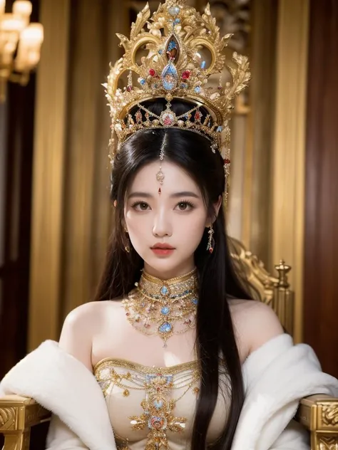 masterpiece, best quality,
(((best quality))),(((ultra detailed))),(((masterpiece))),a seductive queen sitting on her majestic throne. She emanates an aura of sensuality and power,with a captivating presence that commands attention. Her attire is both regal and revealing,accentuating her alluring curves. The throne room is adorned with opulence,reflecting her status as a ruler. The atmosphere is filled with an air of desire and intrigue.,
