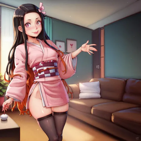 score_9, score_8_up, score_7_up, score_6_up, score_5_up, score_4_up, 1girl, ite girl wearing Nezuko_Kamado cosplay, pink kimono, dark sash with thighhighs, standing, arched back, living room, sofa, <lora:Nezuko_Kamado_Cosplay:1>