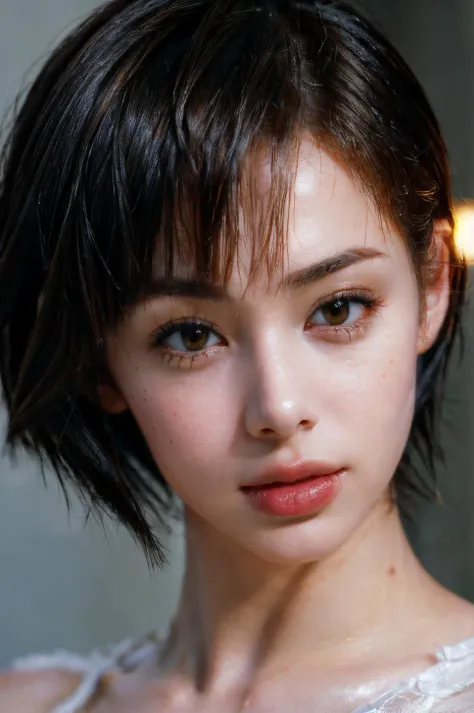 (masterpiece, best quality, beautiful quality, photorealistic, detailed lighting, extremely detailed skin, extremely detailed hair, shadows, 8k, a picture of a mature woman, short hair, black hair, forehead, upper body, 1girl, fcPortrait:1.2), <lora:add_detail:1>, (age up 15 years:1.5) <lora:inouewaka_lora-06:1>
