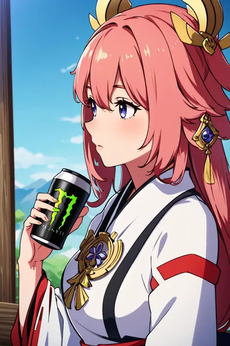 Highly detailed, High Quality, masterpiece, detailed face, <lora:yaemiko1:0.9> yaemikodef, <lora:HoldingMonsterEnergy:0.6> HoldingMonsterEnergy