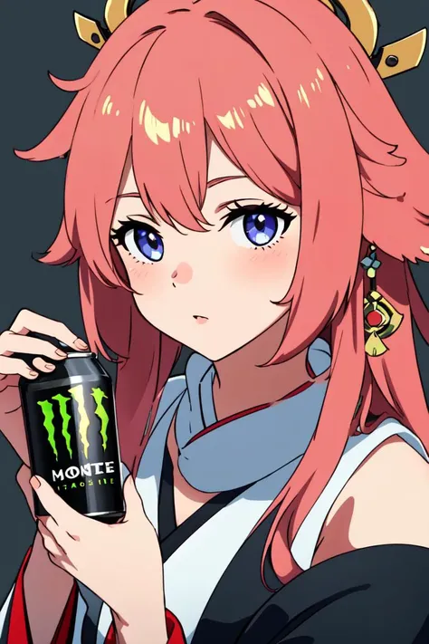 Highly detailed, High Quality, masterpiece, detailed face,  <lora:yaemiko1:0.9> yaemikodef,  <lora:HoldingMonsterEnergy:0.6> HoldingMonsterEnergy