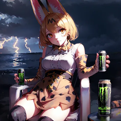 realistic photo of a (ghislaine dedoldia:1.1), abs, animal ears, choker, dark-skinned female, fur trim, large breasts, highres, holding monster energy,  monster energy, focus monster energy, <lora:my_LoRA_monsterEenergy_v2:0.5>  <lora:my_LoRA_ghislainededoldia_v1:0.45>