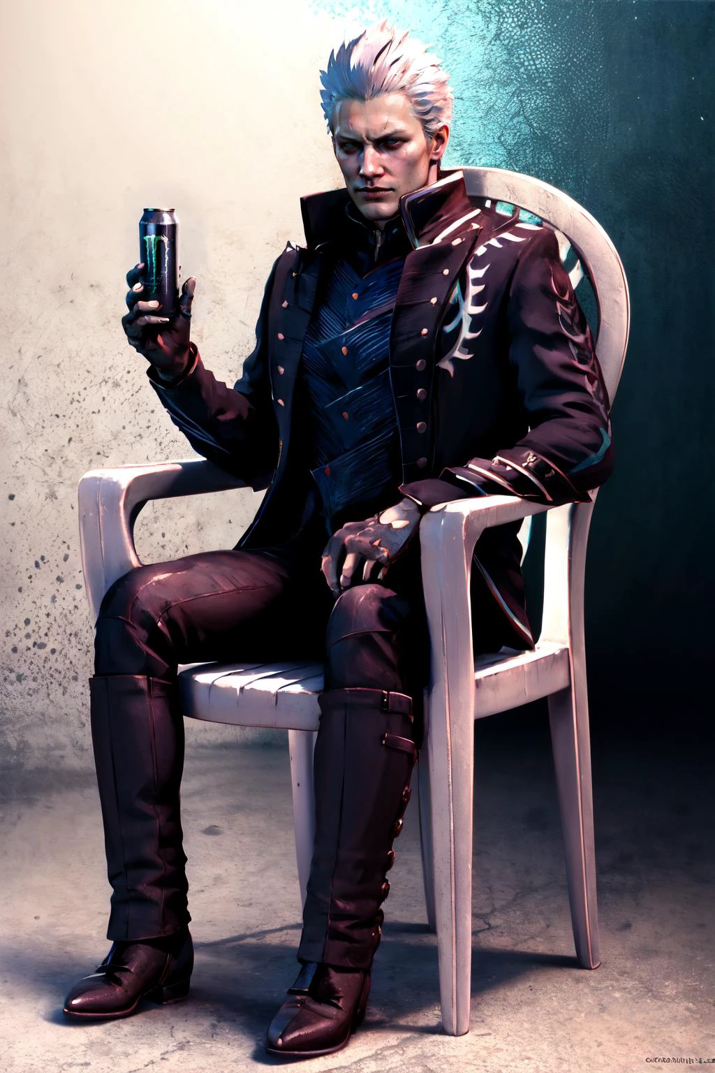 Highly detailed, High Quality, Masterpiece, beautiful, HoldingMonsterEnergy, <lora:Pos_HoldingMonsterEnergy:0.5>, vergil(dmc5), <lora:Char_DMC_Vergil:0.75>, motivatedchair, <lora:Pos_Chair:0.75>