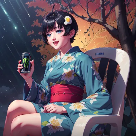 highres, HD quality, (best quality), ((masterpiece)), vibrant colors, HoldingMonsterEnergy,<lora:HoldingMonsterEnergy:0.5>,(holding a energy drink in hand, HoldingMonsterEnergy) (black energy drink can),1girl, motivatedchair,massive storm with rain and thunder background,serious expression, <lora:Chair:.75>1girl, medium breasts, solo,egg hair ornament, kimono, japanese clothes, araragi tsukihi, hair ornament, food-themed hair ornament, black hair, ahoge, short hair,bangs,sash, obi, wide sleeves, long sleeves, fried egg, blue eyes, :d, green kimono, egg (food), food,yellow sash, blue kimono, sleeves past wrists, short kimono, black eyes, <lora:Araragi Tsukihi:.6>