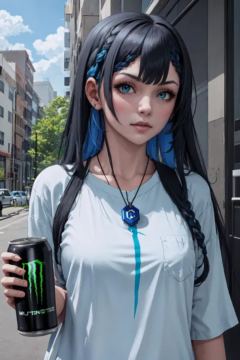 High Quality, Masterpiece, 1girl, <lora:gijinkaseries_civitai-18:0.85>, civitai-chan, braided bangs, necklace, HoldingMonsterEnergy, <lora:Pos_HoldingMonsterEnergy:0.5>, holding, can, holding can, upper body, shirt, casual, outdoors,