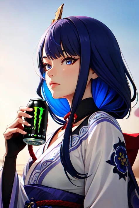 Highly detailed, High Quality, Masterpiece, beautiful, HoldingMonsterEnergy, <lora:HoldingMonsterEnergy:0.7>, Raiden_Shogun_\(genshin impact\), Raiden_Shogun:1.2, blue hair, long hair, <lora:Char_GenshinImpact_RaidenShogun:0.8>