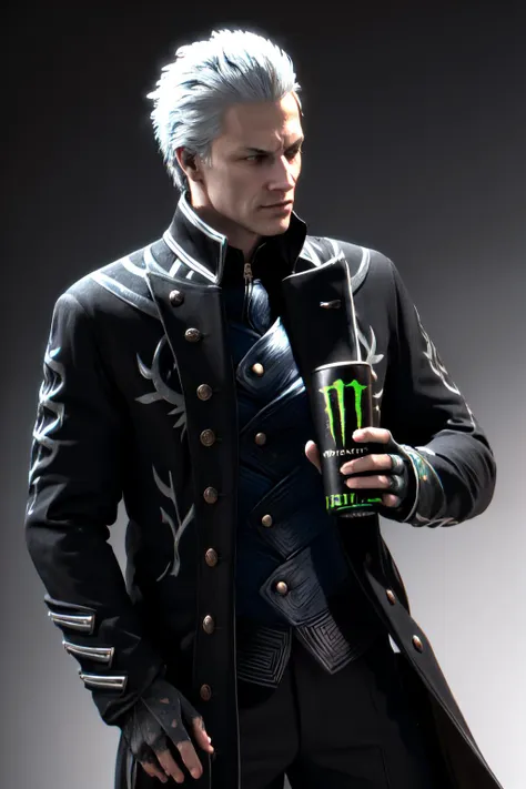 Highly detailed, High Quality, Masterpiece, beautiful, HoldingMonsterEnergy, <lora:HoldingMonsterEnergy:0.5>, vergil(dmc5), <lora:Char_DMC_Vergil:0.75>