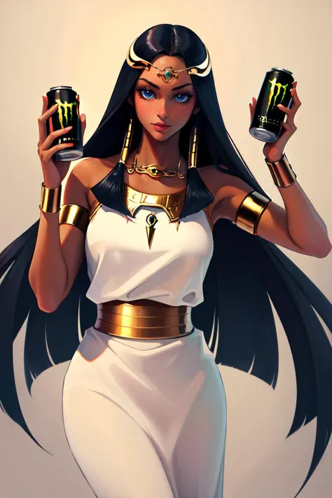 Highly detailed, High Quality, Masterpiece, beautiful, HoldingMonsterEnergy, <lora:HoldingMonsterEnergy:0.7>, ishizu ishtar, dark skin, dark-skinned female, eye of horus, egyptian clothes, white dress, jewelry, necklace, bracelet, armlet, <lora:Char_Yugioh_IshizuIshtar:0.8>