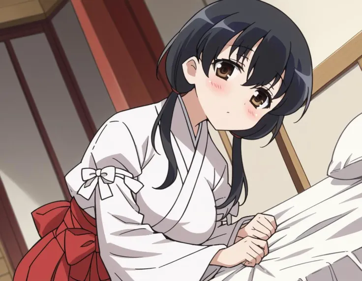 score_9, score_8_up, score_7_up, source_anime,
komakijindai, <lora:komaki-jindai-s2-ponyxl-lora-nochekaiser:1>,
komaki jindai, long hair, black hair, twintails, brown eyes, low twintails, hair between eyes, large breasts,
skirt, long sleeves, japanese clothes, wide sleeves, kimono, hakama, hakama skirt, white kimono, miko, red hakama,
indoors, bed, bed room, on side, blush, drunk,
cowboy shot, looking at viewer, solo, dutch angle,