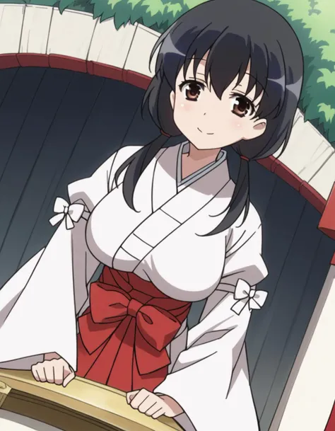 score_9, score_8_up, score_7_up, source_anime,
komakijindai, <lora:komaki-jindai-s2-ponyxl-lora-nochekaiser:1>,
komaki jindai, long hair, black hair, twintails, brown eyes, low twintails, hair between eyes, large breasts,
skirt, long sleeves, japanese clothes, wide sleeves, kimono, hakama, hakama skirt, white kimono, miko, red hakama,
outdoors, shrine, bent over, smile,
cowboy shot, looking at viewer, solo, dutch angle,
