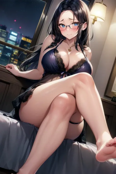 <lora:add_brightness:0.1><lora:add_detail:0.5>1woman, large breast, embarrassed ,blush, forehead,  black hair,  glasses,
<lora:negligee_v0.1:1>negligee,
crossed legs,  on bed,
night,new moon,
feet focus,close-up, dutch angle,
looking at viewer,