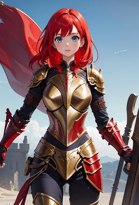 (masterpiece, best quality), 1girl, <lora:LilyDragonKnight:0.8> LilyDragonKnight, 1girl, solo, long hair, blue eyes, red hair, red armor shoulder armor, gauntlets, pauldrons, breastplate, plate armor,