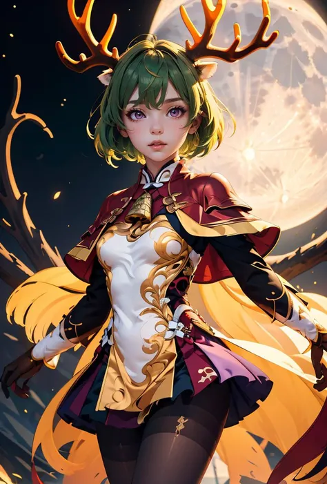 (masterpiece, best quality), 1girl,   <lora:MoonCarverxGanyu:0.8> MoonCarverxGanyu, 1girl, solo, yellow gloves, long sleeves, brown capelet, purple eyes, ahoge, brown pantyhose, detached sleeves, green hair, antlers, neck bell