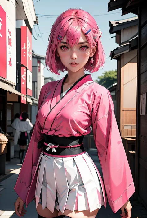 ((perfect anatomy,realistic,:1.3,RAW Photography:1.3,masterpiece、highest quality、Ultra - High resolution、High resolution、Highly detailed CG、8K)),cowboy shot,1 female,solo,20 year old beauty,((beautiful detailed face and eyes,big gorgeous eyes),pink eyes,(pink hair,ponytail,long hair,forehead,blunt bangs,straight hair)),(medium breasts,slender body,small head,skinny,tan skin,gleaming skin,shiny skin),(white kimono,pink micromini skirt,white_thighhighs),on street,Tokyo、