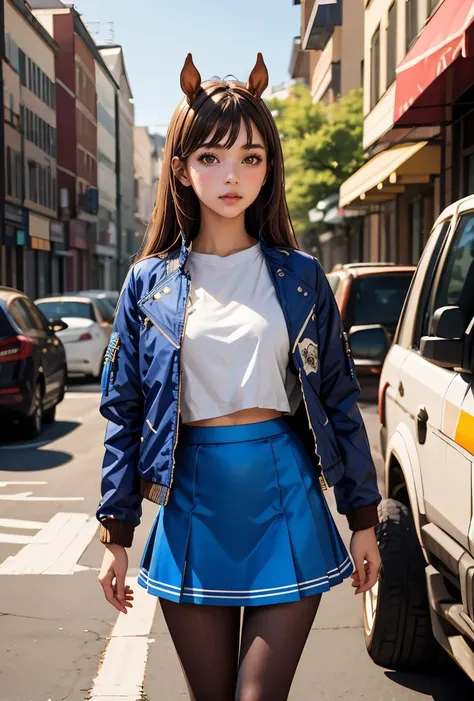 (masterpiece, best quality), 1girl,  <lora:YafyaxKiriko:0.8> YafyaxKiriko, 1girl, solo, long hair, blue skirt, brown hair, blue jacket, white shirt, opened jacket, long sleeves, horse ears, brown eyes, brown pantyhose,