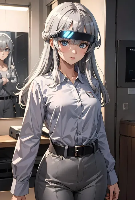 (masterpiece, best quality), 1girl,   <lora:ElleBattleSaga:0.8> ElleBattleSaga, 1girl, solo, long hair, grey hair, grey shirt, long sleeves, medium breasts, black belt, grey pants, blunt bangs, goggles, head-mounted display,