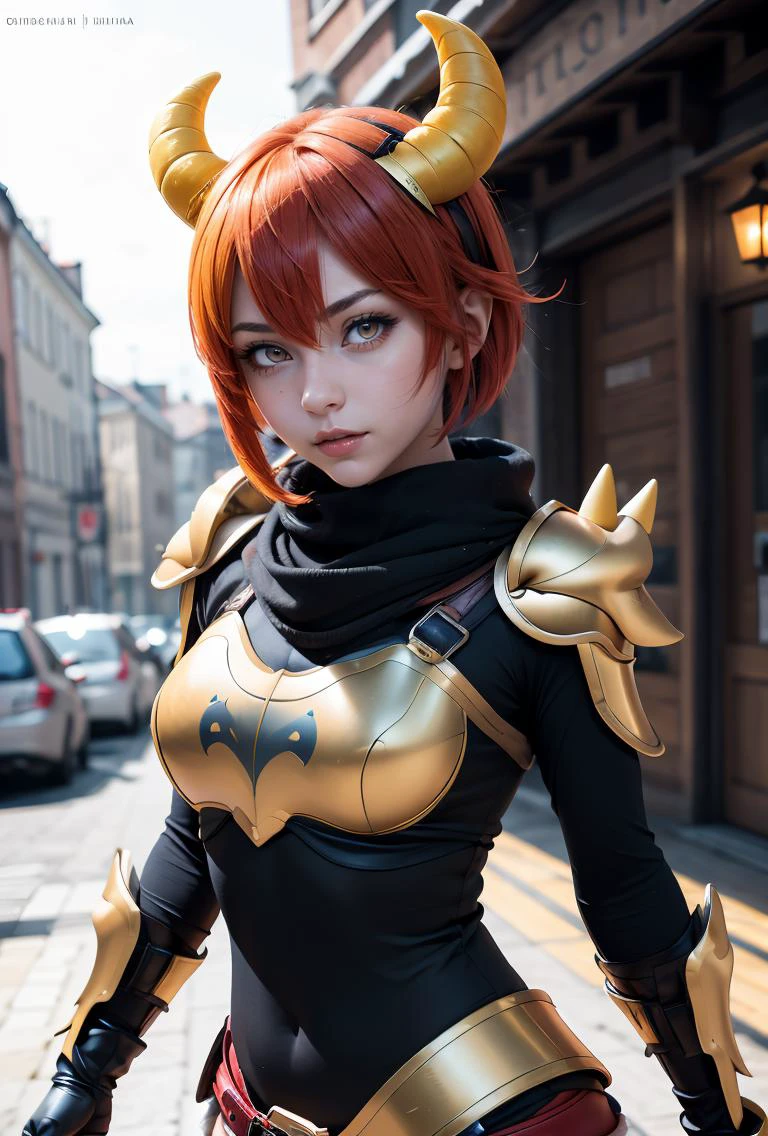 (masterpiece, best quality), 1girl, <lora:BowserxLucina:0.8> BowserxLucina, 1girl, solo, short hair, red eyes, black gloves, hair between eyes, red hair, horns, black gloves, fingerless gloves, yellow armor, spikes shoulder armor,