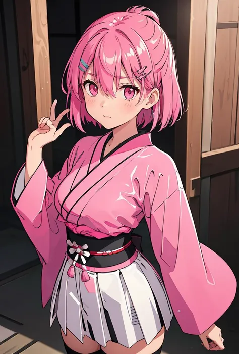 (masterpiece, best quality), 1girl, <lora:SonaOkita:0.8> SonaOkita, 1girl, solo, pink hair, short hair, skirt, hairclip, black thighhighs, long sleeves, hair between eyes, pleated skirt, japanese clothes, wide sleeves, pink eyes, pink kimono, sash, obi, white skirt, medium breasts,