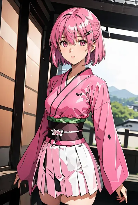 (masterpiece, best quality), 1girl, <lora:SonaOkita:0.8> SonaOkita, 1girl, solo, pink hair, short hair, skirt, hairclip, black thighhighs, long sleeves, hair between eyes, pleated skirt, japanese clothes, wide sleeves, pink eyes, pink kimono, sash, obi, white skirt, medium breasts,