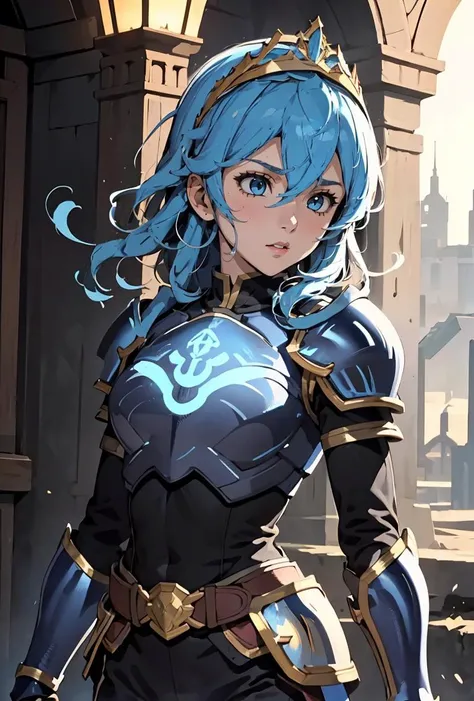(masterpiece, best quality), 1girl,<lora:ChromxDSamus:0.8> ChromxDSamus, 1girl, solo, long hair, blue hair, blue eyes, long sleeves, hair between eyes, blue hair, belt, pants, blue armor, tiara, shoulder armor