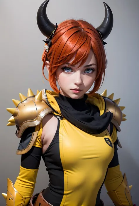 (masterpiece, best quality), 1girl, <lora:BowserxLucina:0.8> BowserxLucina, 1girl, solo, short hair, red eyes, black gloves, hair between eyes, red hair, horns, black gloves, fingerless gloves, yellow armor, spikes shoulder armor,