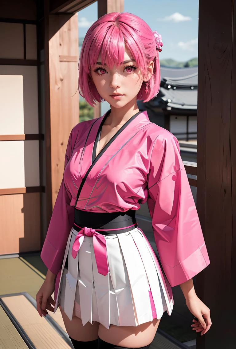 (masterpiece, best quality), 1girl, <lora:SonaOkita:0.8> SonaOkita, 1girl, solo, pink hair, short hair, skirt, hairclip, black thighhighs, long sleeves, hair between eyes, pleated skirt, japanese clothes, wide sleeves, pink eyes, pink kimono, sash, obi, white skirt, medium breasts,