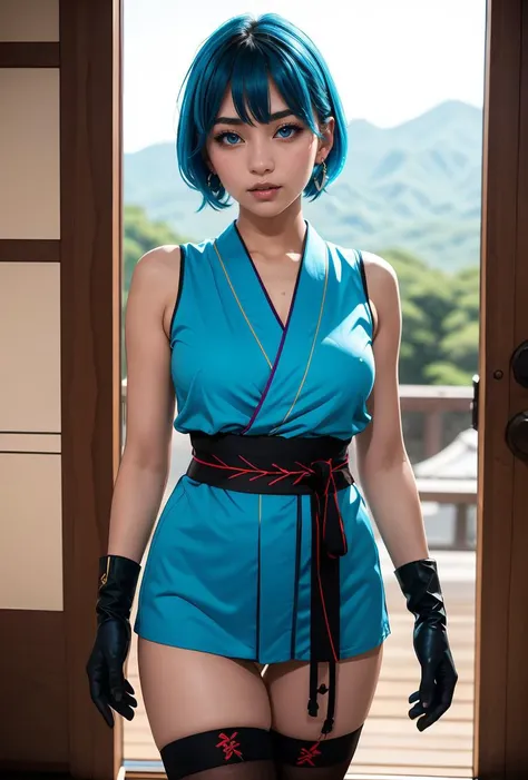 (masterpiece, best quality), 1girl, <lora:MiyukiHamdan:0.8> MiyukiHamdan, 1girl, solo, short hair, blue eyes, thighhighs, bare shoulders, blue hair, earrings, japanese clothes, sleeveless, black gloves, elbow gloves, fingerless gloves, blue kimono, sash, obi, blue kimono,