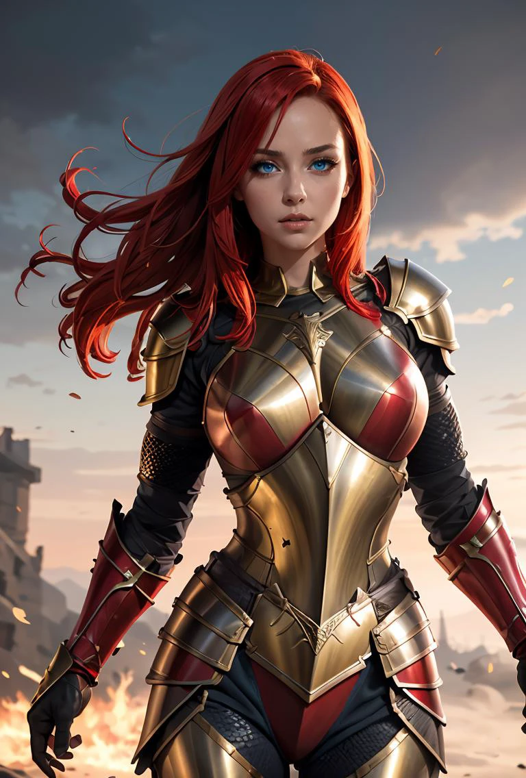 (masterpiece, best quality), 1girl, <lora:LilyDragonKnight:0.8> LilyDragonKnight, 1girl, solo, long hair, blue eyes, red hair, red armor shoulder armor, gauntlets, pauldrons, breastplate, plate armor,