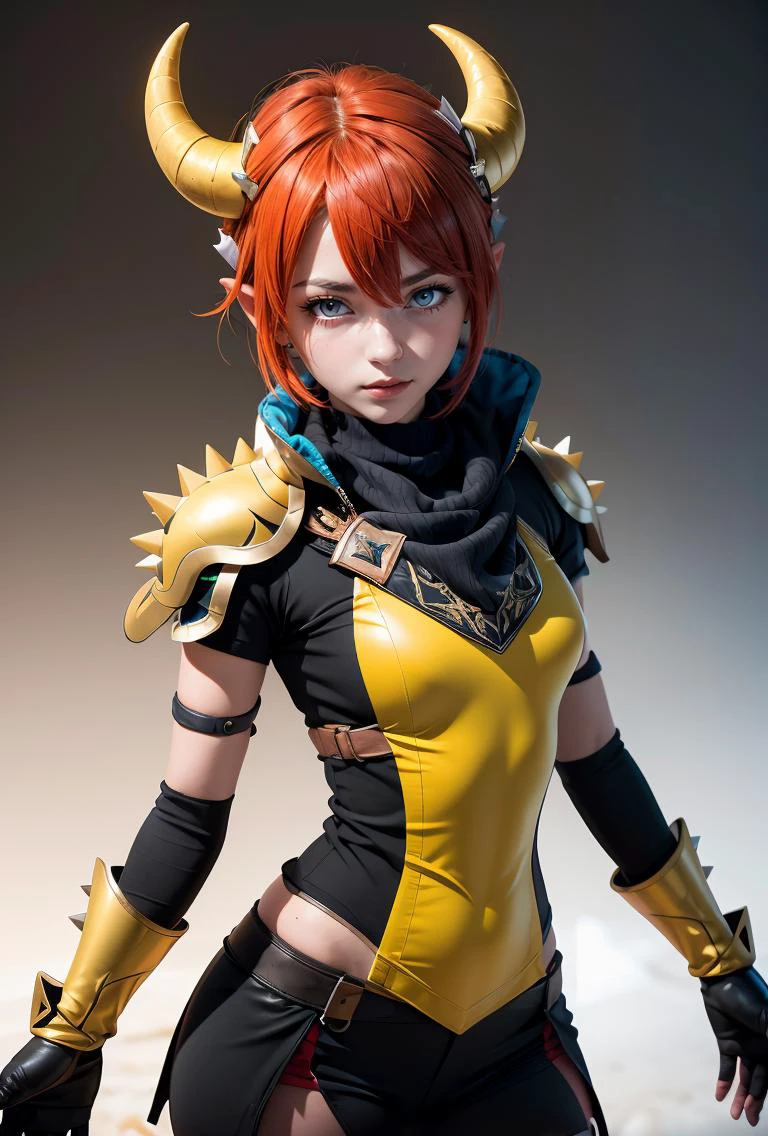 (masterpiece, best quality), 1girl, <lora:BowserxLucina:0.8> BowserxLucina, 1girl, solo, short hair, red eyes, black gloves, hair between eyes, red hair, horns, black gloves, fingerless gloves, yellow armor, spikes shoulder armor,