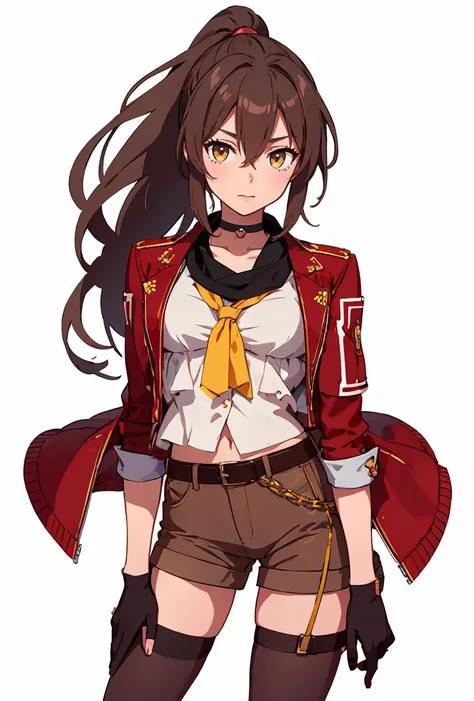 (masterpiece, best quality), 1girl, <lora:WeltxHimeko:0.8> WeltxHimeko, 1girl, solo, very long hair, high ponytail, brown hair, white shirt, thighhighs, black gloves, hair between eyes, brown eyes, red jacket, yellow eyes, short shorts, choker, belt, black scarf, open jacket, thigh strap, black shorts, sleeves rolled up, cropped jacket, brown shorts